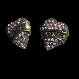 💜Betsey Johnson LOVE Banner Pink Pavé Stone Heart Earrings - NWT